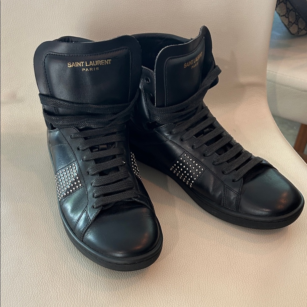 Saint Laurent Leather Black Hi-Top Studded Sneakers size 36.5